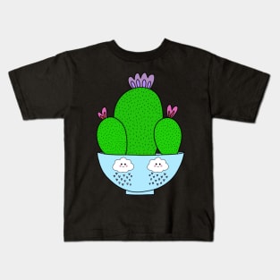 Cute Cactus Design #173: Cacti Bunch In A Cute Bowl With Rain Clouds Kids T-Shirt